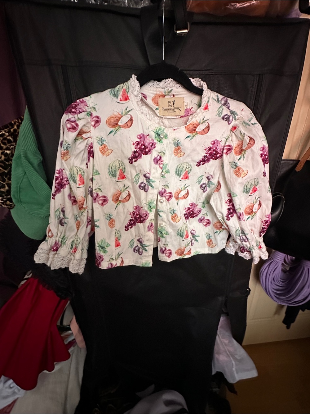 Cropped Fruit Print Blouse with Lace Trim